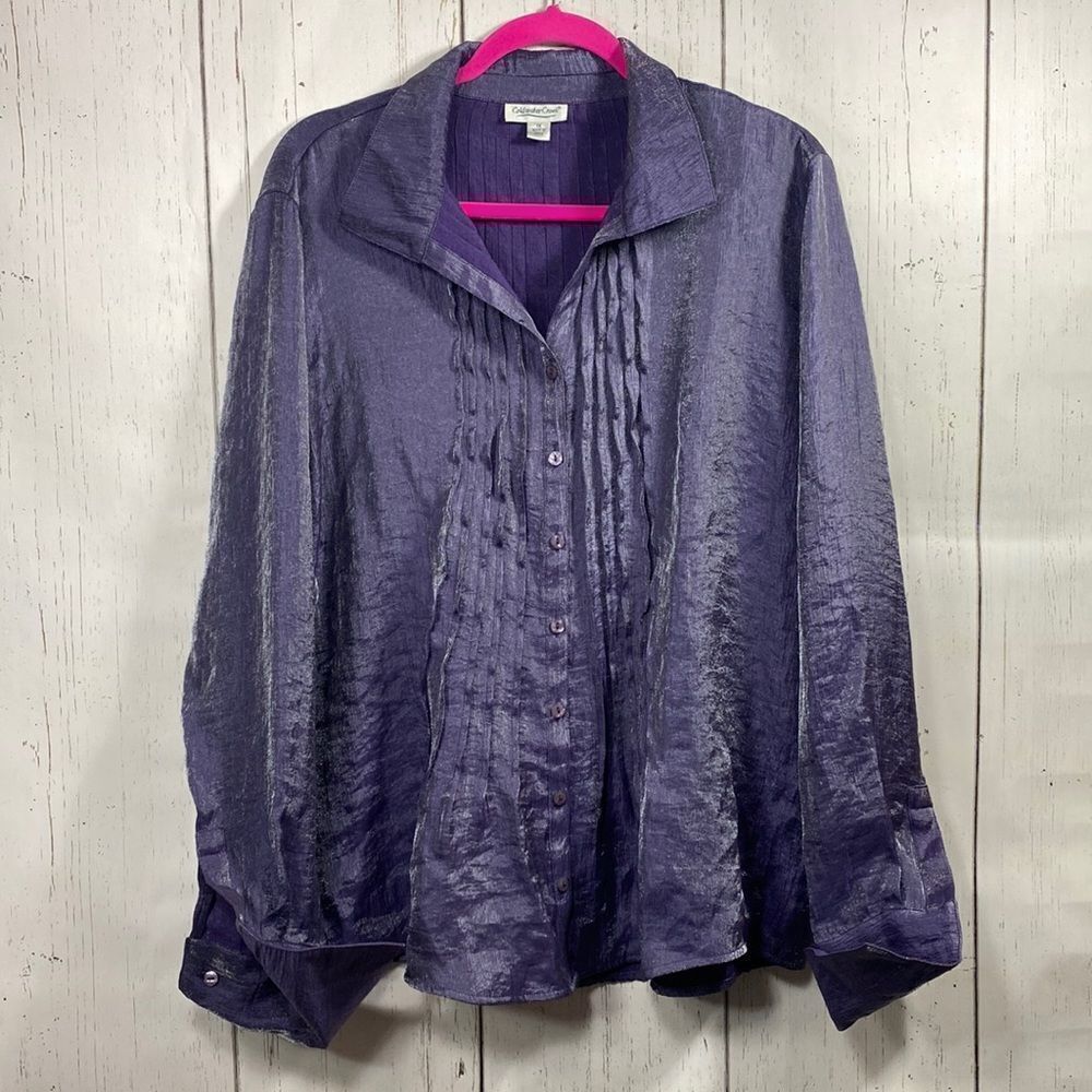 Coldwater Creek Plus Pleated Button Down Purple Cuffed Sleeves Glitz Blouse